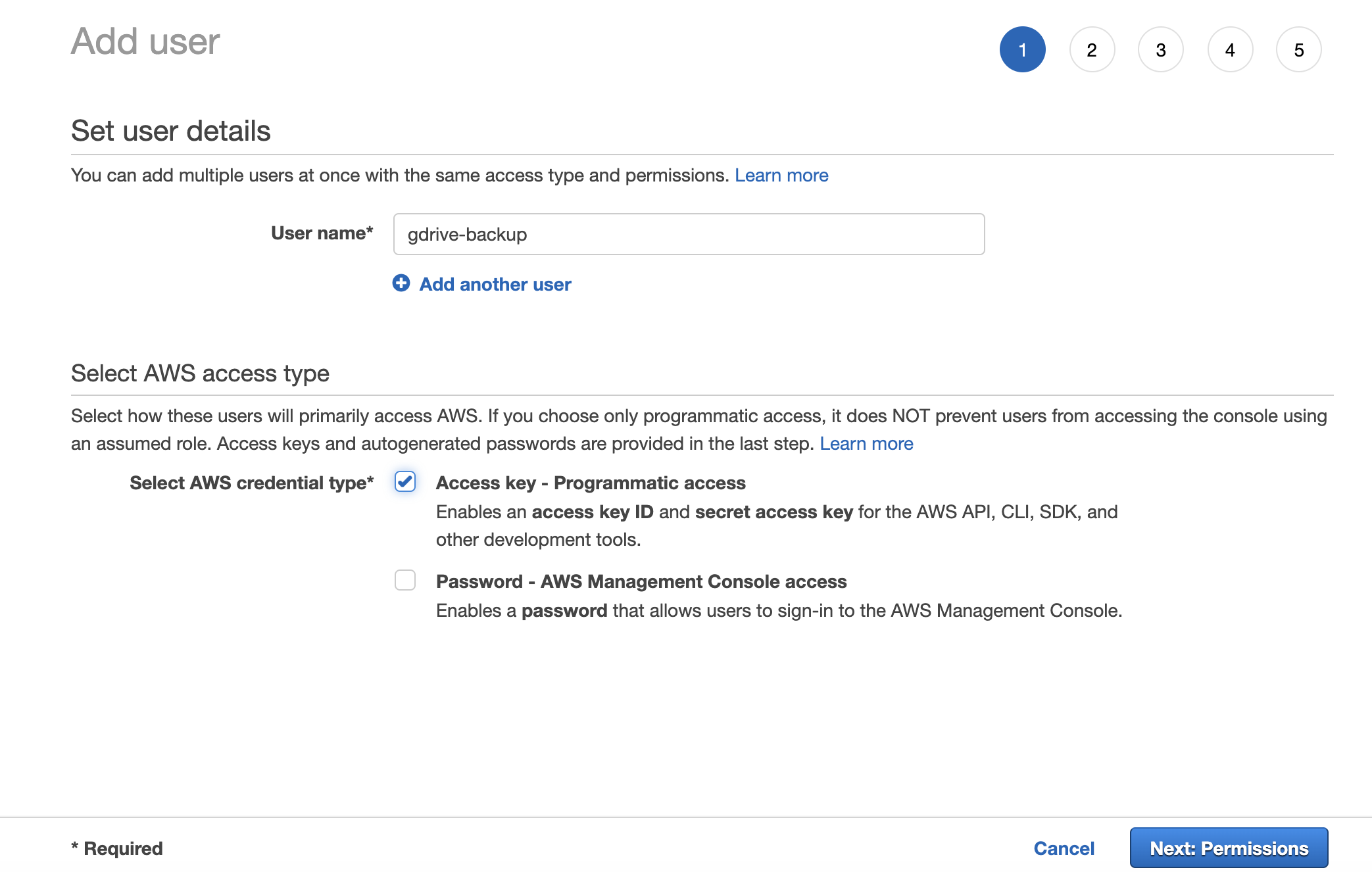 輸入 IAM User 名稱和類型